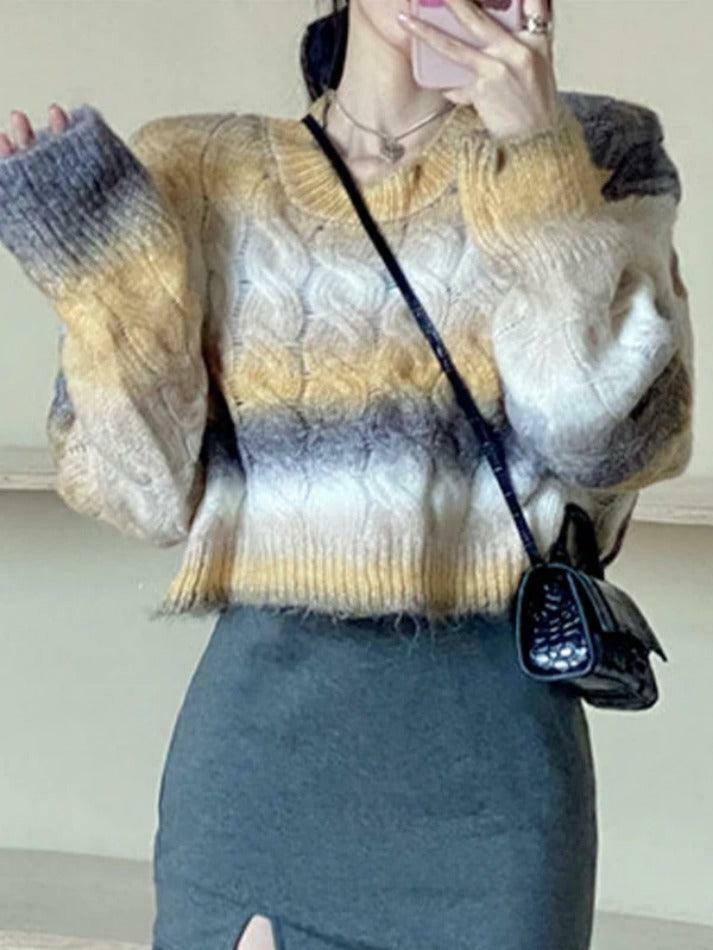 Coquette Aesthetic Ombre Cable Knit Short Sweater - Y2K Fashion Women's Fall Sweater Coquette Aesthetic Ombre Cable Knit Short Sweater - Y2K Fashion Women's Fall Sweater