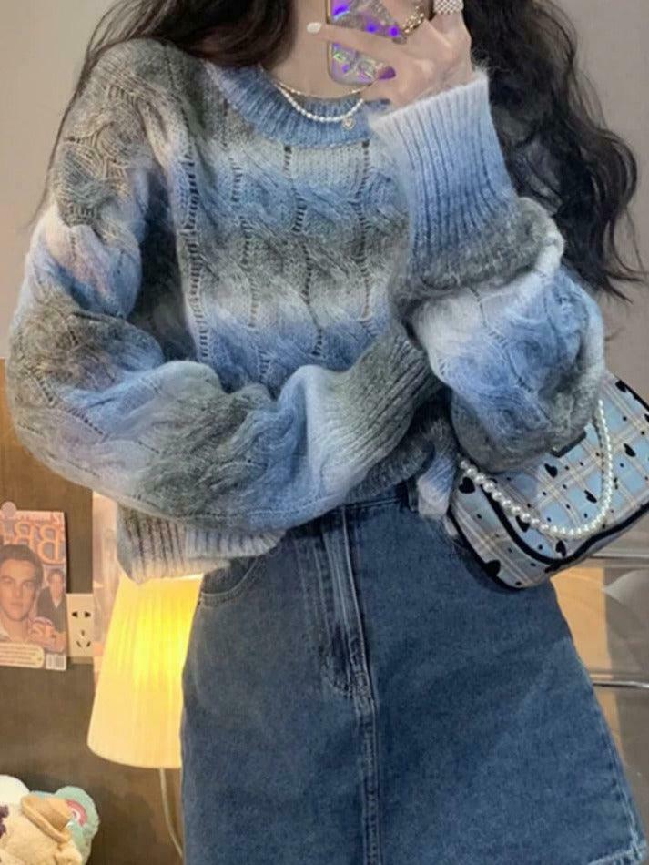 Coquette Aesthetic Ombre Cable Knit Short Sweater - Y2K Fashion Women's Fall Sweater Coquette Aesthetic Ombre Cable Knit Short Sweater - Y2K Fashion Women's Fall Sweater