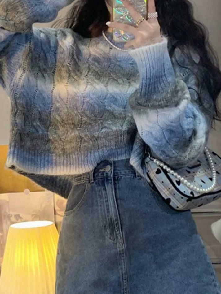 Coquette Aesthetic Ombre Cable Knit Short Sweater - Y2K Fashion Women's Fall Sweater Coquette Aesthetic Ombre Cable Knit Short Sweater - Y2K Fashion Women's Fall Sweater