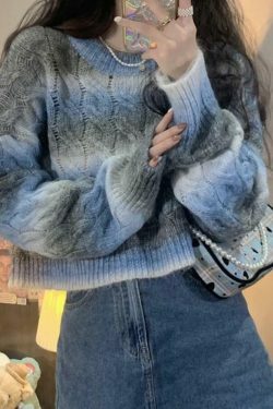 Coquette Aesthetic Ombre Cable Knit Short Sweater - Y2K Fashion Women's Fall Sweater