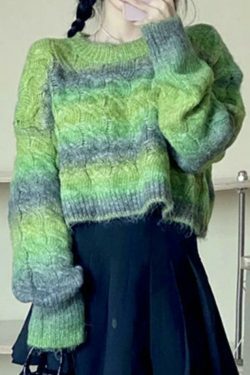 Coquette Aesthetic Ombre Cable Knit Short Sweater - Y2K Fashion Women's Fall Sweater