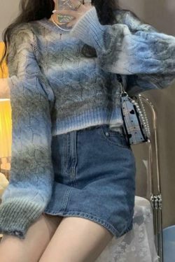 Coquette Aesthetic Ombre Cable Knit Short Sweater - Y2K Fashion Women's Fall Sweater