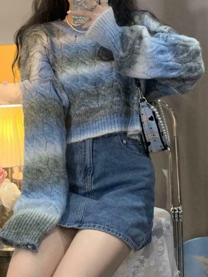 Coquette Aesthetic Ombre Cable Knit Short Sweater - Y2K Fashion Women's Fall Sweater Coquette Aesthetic Ombre Cable Knit Short Sweater - Y2K Fashion Women's Fall Sweater