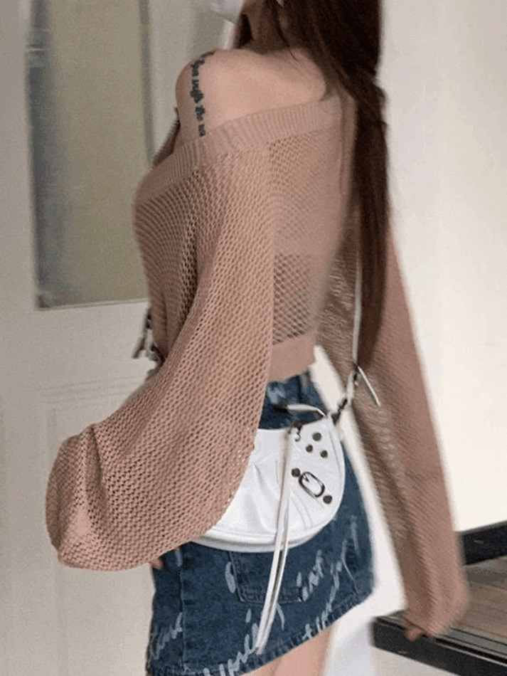 Coquette Aesthetic Open Knit Crop Top: Y2K Fashion, Grunge Style, Cute Tops