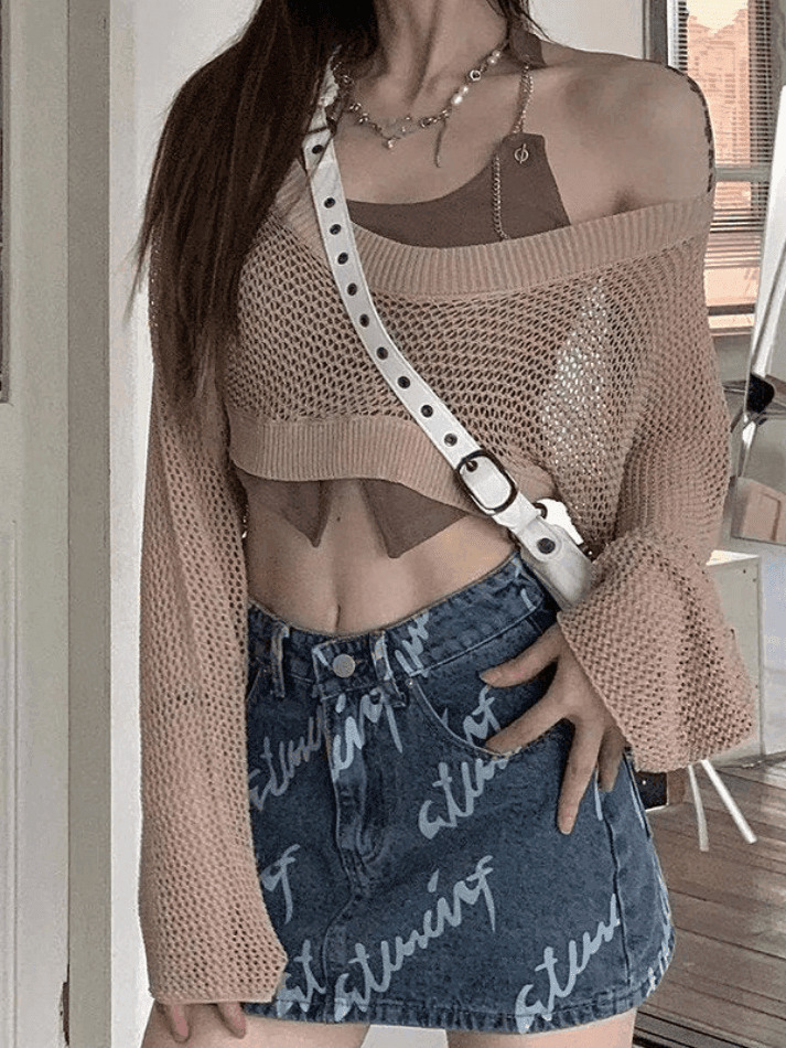 Coquette Aesthetic Open Knit Crop Top: Y2K Fashion, Grunge Style, Cute Tops