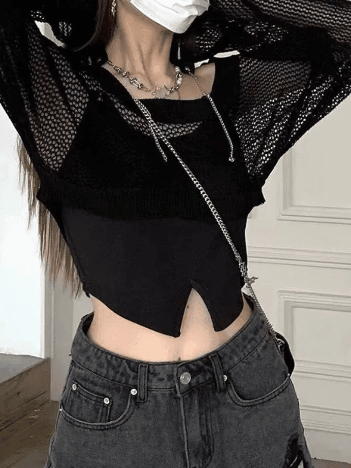 Coquette Aesthetic Open Knit Crop Top: Y2K Fashion, Grunge Style, Cute Tops