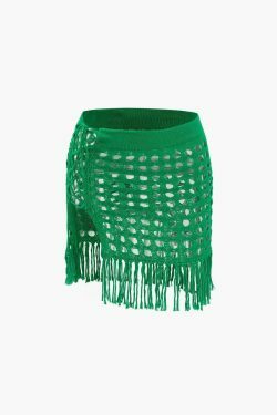 Coquette Aesthetic Openwork Knit Fringe Mini Skirt