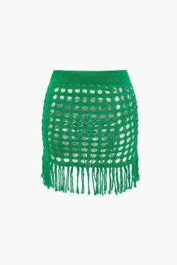 Coquette Aesthetic Openwork Knit Fringe Mini Skirt
