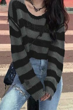 Coquette Aesthetic Oversize Stripe Knit Sweater with Removable Sleeves
