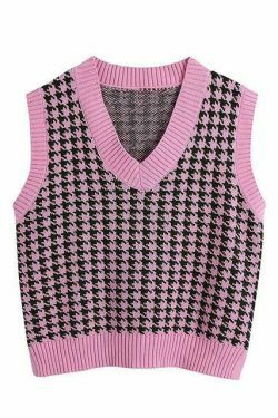 Coquette Aesthetic Oversized Houndstooth Knit Vest