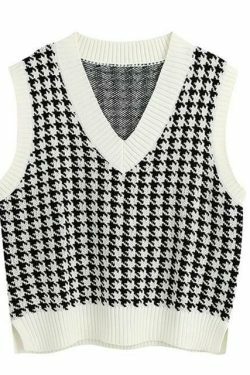 Coquette Aesthetic Oversized Houndstooth Knit Vest