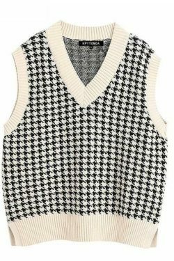 Coquette Aesthetic Oversized Houndstooth Knit Vest