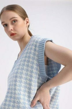 Coquette Aesthetic Oversized Houndstooth Knit Vest