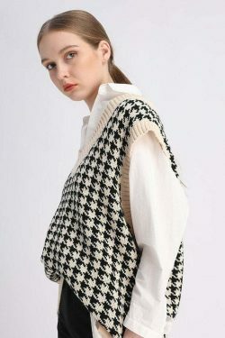 Coquette Aesthetic Oversized Houndstooth Knit Vest