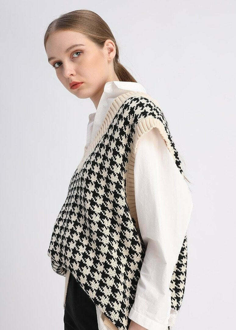 Coquette Aesthetic Oversized Houndstooth Knit Vest Coquette Aesthetic Oversized Houndstooth Knit Vest