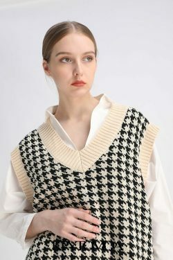 Coquette Aesthetic Oversized Houndstooth Knit Vest