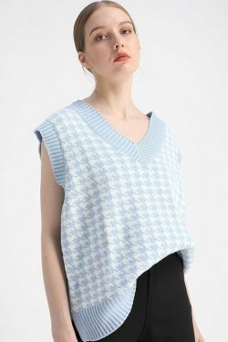 Coquette Aesthetic Oversized Houndstooth Knit Vest