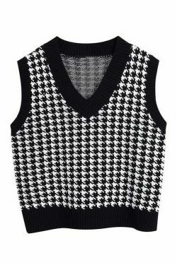 Coquette Aesthetic Oversized Houndstooth Knit Vest