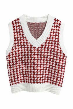 Coquette Aesthetic Oversized Houndstooth Knit Vest