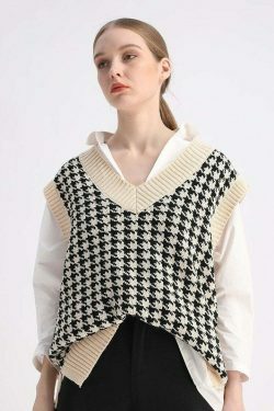 Coquette Aesthetic Oversized Houndstooth Knit Vest