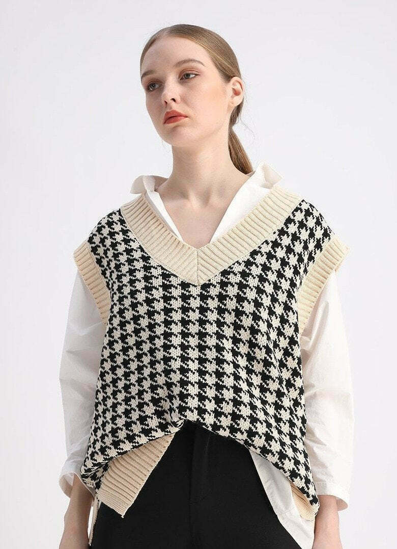 Coquette Aesthetic Oversized Houndstooth Knit Vest Coquette Aesthetic Oversized Houndstooth Knit Vest