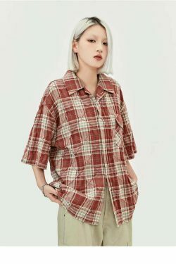 Coquette Aesthetic Oversized Plaid Shirt for Women - Y2K Fashion Statement Piece