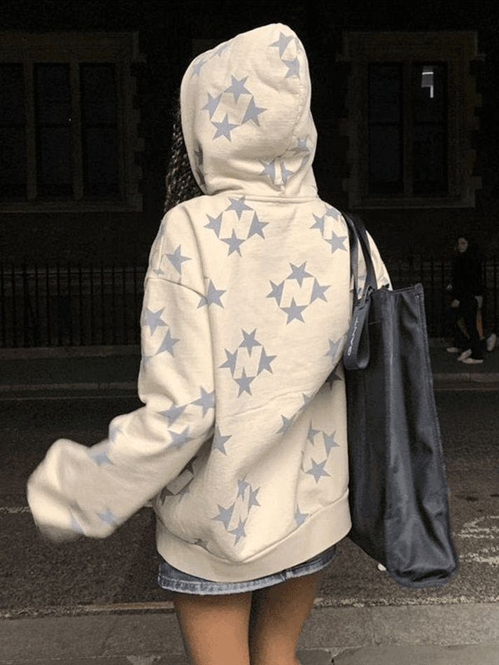 Coquette Aesthetic Oversized Star Print Zip Up Hoodie Coquette Aesthetic Oversized Star Print Zip Up Hoodie