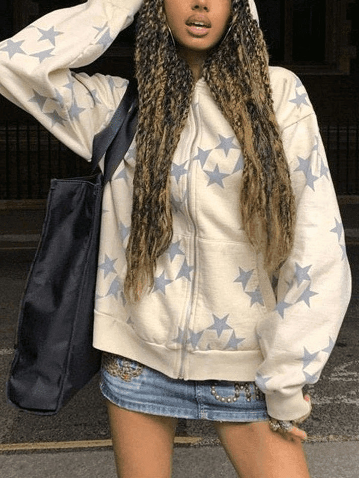 Coquette Aesthetic Oversized Star Print Zip Up Hoodie Coquette Aesthetic Oversized Star Print Zip Up Hoodie