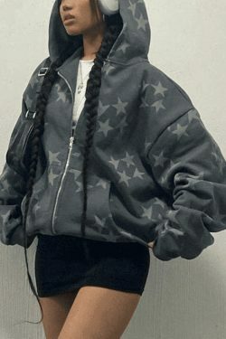 Coquette Aesthetic Oversized Star Print Zip Up Hoodie