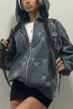 Coquette Aesthetic Oversized Star Print Zip Up Hoodie