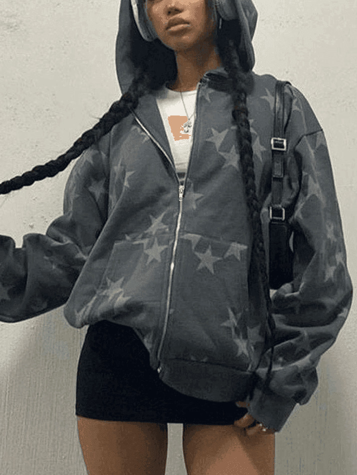 Coquette Aesthetic Oversized Star Print Zip Up Hoodie Coquette Aesthetic Oversized Star Print Zip Up Hoodie