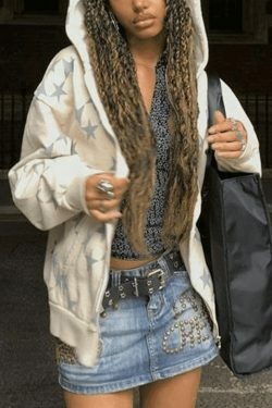 Coquette Aesthetic Oversized Star Print Zip Up Hoodie