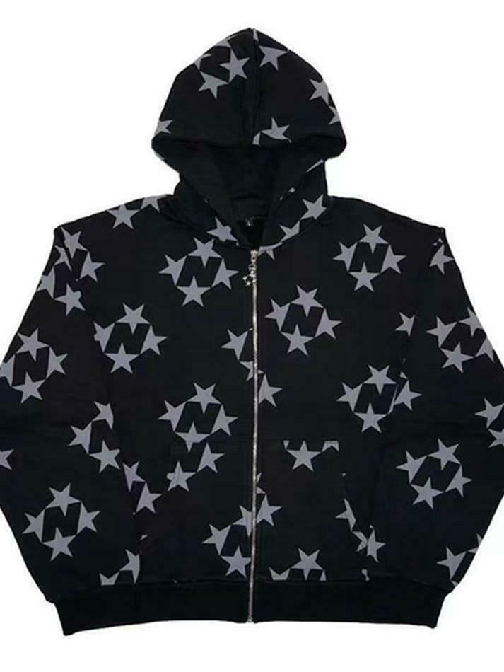 Coquette Aesthetic Oversized Star Print Zip Up Hoodie Coquette Aesthetic Oversized Star Print Zip Up Hoodie