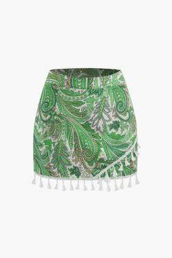 Coquette Aesthetic Paisley Print Tassel Hem Shorts