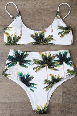 Coquette Aesthetic Palm Tree Print High Waisted Bikini Set