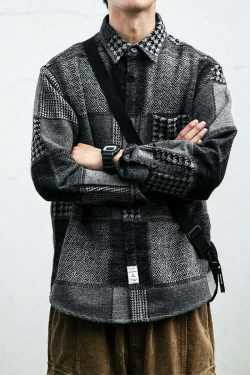 Coquette Aesthetic Patchwork Overshirt: Y2K Fashion with Grunge Style, Cute Tops, Pastel Goth