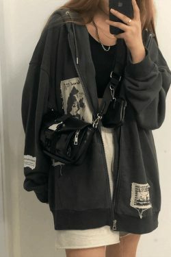 Coquette Aesthetic Patchwork Oversized Zip Up Hoodie