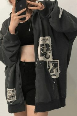 Coquette Aesthetic Patchwork Oversized Zip Up Hoodie