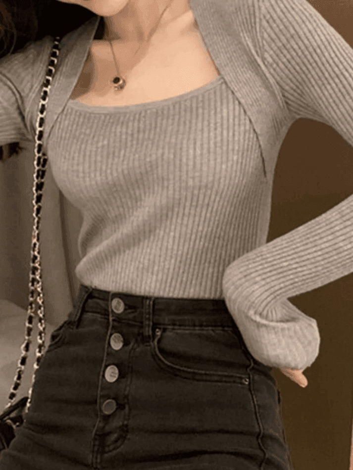 Coquette Aesthetic Patchwork Rib Knit Sweater - Y2K Fashion - Grunge Style - Cute Tops & Cargo Skirt