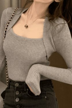 Coquette Aesthetic Patchwork Rib Knit Sweater - Y2K Fashion - Grunge Style - Cute Tops & Cargo Skirt