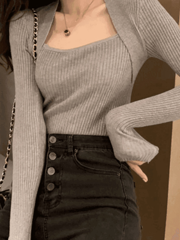 Coquette Aesthetic Patchwork Rib Knit Sweater - Y2K Fashion - Grunge Style - Cute Tops & Cargo Skirt