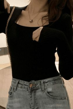 Coquette Aesthetic Patchwork Rib Knit Sweater - Y2K Fashion - Grunge Style - Cute Tops & Cargo Skirt