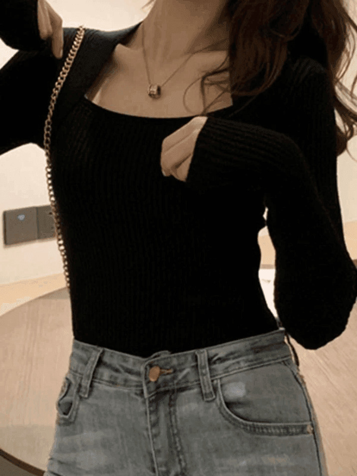 Coquette Aesthetic Patchwork Rib Knit Sweater - Y2K Fashion - Grunge Style - Cute Tops & Cargo Skirt