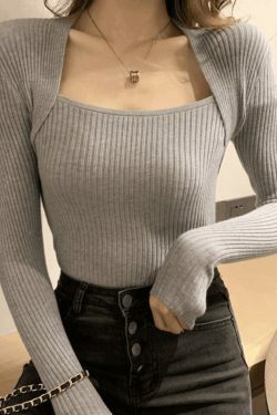 Coquette Aesthetic Patchwork Rib Knit Sweater - Y2K Fashion - Grunge Style - Cute Tops & Cargo Skirt