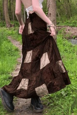 Coquette Aesthetic Patchwork Velvet Maxi Skirt - Y2K Fashion Statement Piece