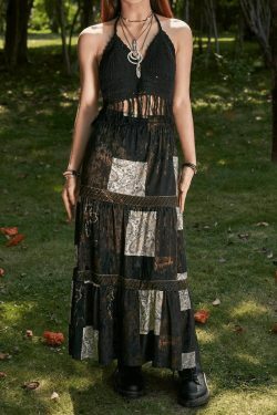 Coquette Aesthetic Patchwork Velvet Maxi Skirt - Y2K Fashion Statement Piece