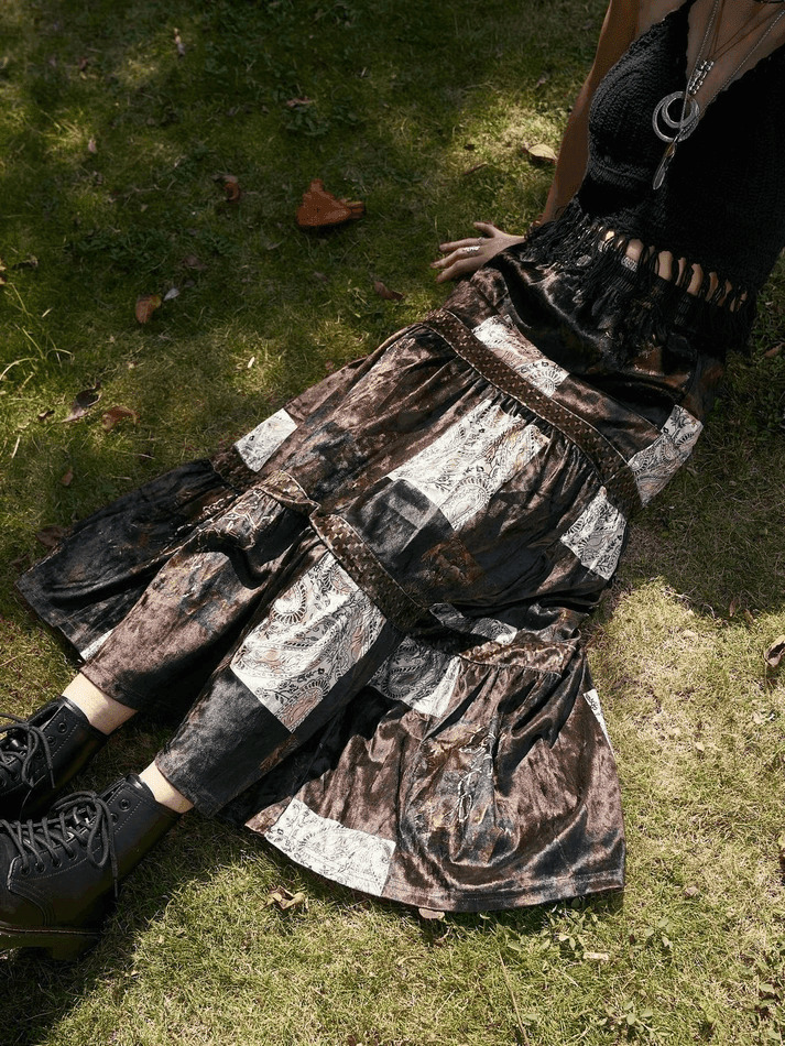 Coquette Aesthetic Patchwork Velvet Maxi Skirt - Y2K Fashion Statement Piece Coquette Aesthetic Patchwork Velvet Maxi Skirt - Y2K Fashion Statement Piece