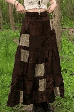 Coquette Aesthetic Patchwork Velvet Maxi Skirt - Y2K Fashion Statement Piece