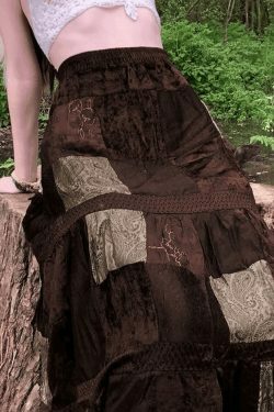 Coquette Aesthetic Patchwork Velvet Maxi Skirt - Y2K Fashion Statement Piece