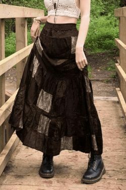 Coquette Aesthetic Patchwork Velvet Maxi Skirt - Y2K Fashion Statement Piece